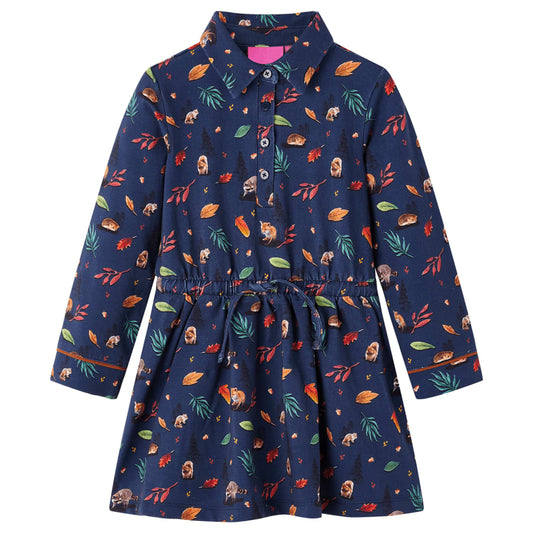 Kids' Dress with Long Sleeves Leaves Print Navy 116