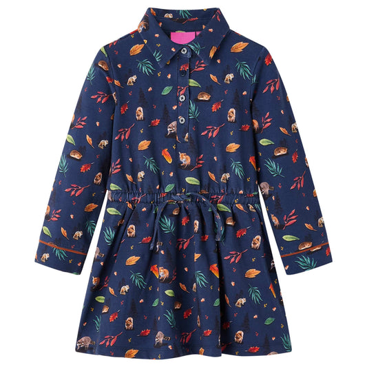 Kids' Dress with Long Sleeves Leaves Print Navy 140