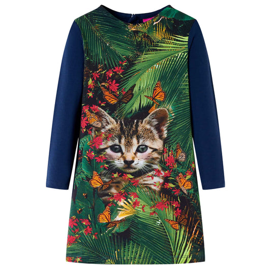 Kids' Dress with Long Sleeves Cat Print Navy 104