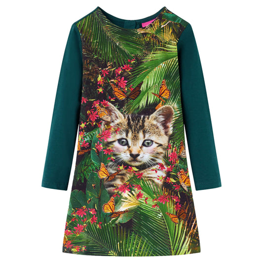 Kids' Dress with Long Sleeves Cat Print Dark Green 128