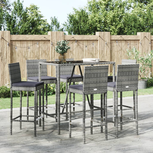 vidaXL 7 Piece Garden Bar Set with Cushions Grey Poly Rattan